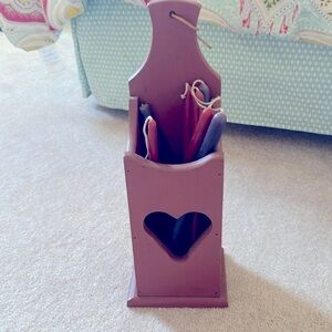 Barn Red Colonial Wooden Box candles/utensils, heart cutout, open top, rope loop